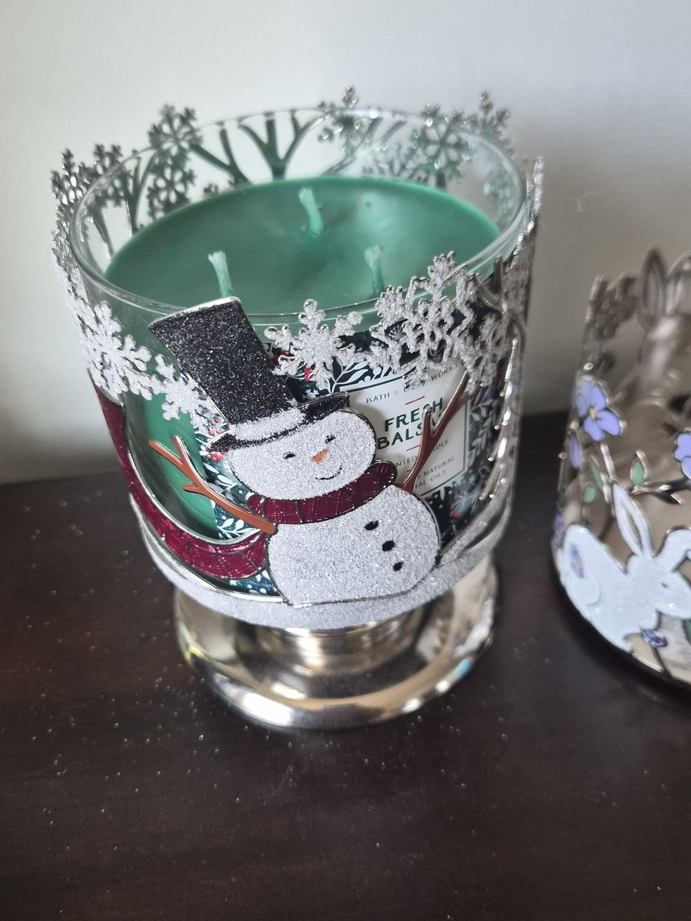 3 Peice Set, Bath & Body Works 3-Wick Candle with Snowman & Bunny Candle Holder - Picture 4 of 15